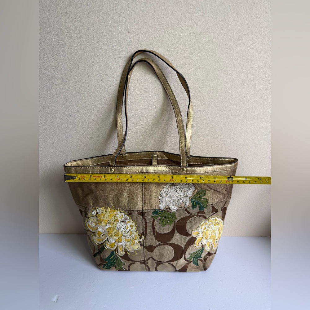 Coach 12204 Signature Stripe Floral Monogram Tote Purse in Khaki-Brown Jacquard - Picture 4 of 12